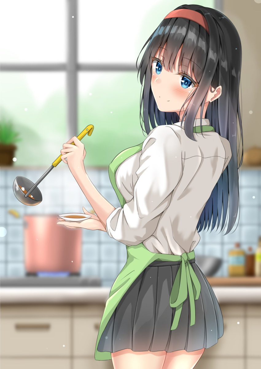 1girl apron bangs black_hair black_shirt blue_eyes breasts cabinet closed_mouth commentary_request cooking eyebrows_visible_through_hair from_behind hair_intakes head_tilt highres holding holding_ladle kitchen ladle looking_back medium_breasts original plant pleated_skirt pot potted_plant redhead school_uniform shirt skirt smile standing stove sunsun2812 tile_wall tiles white_shirt window