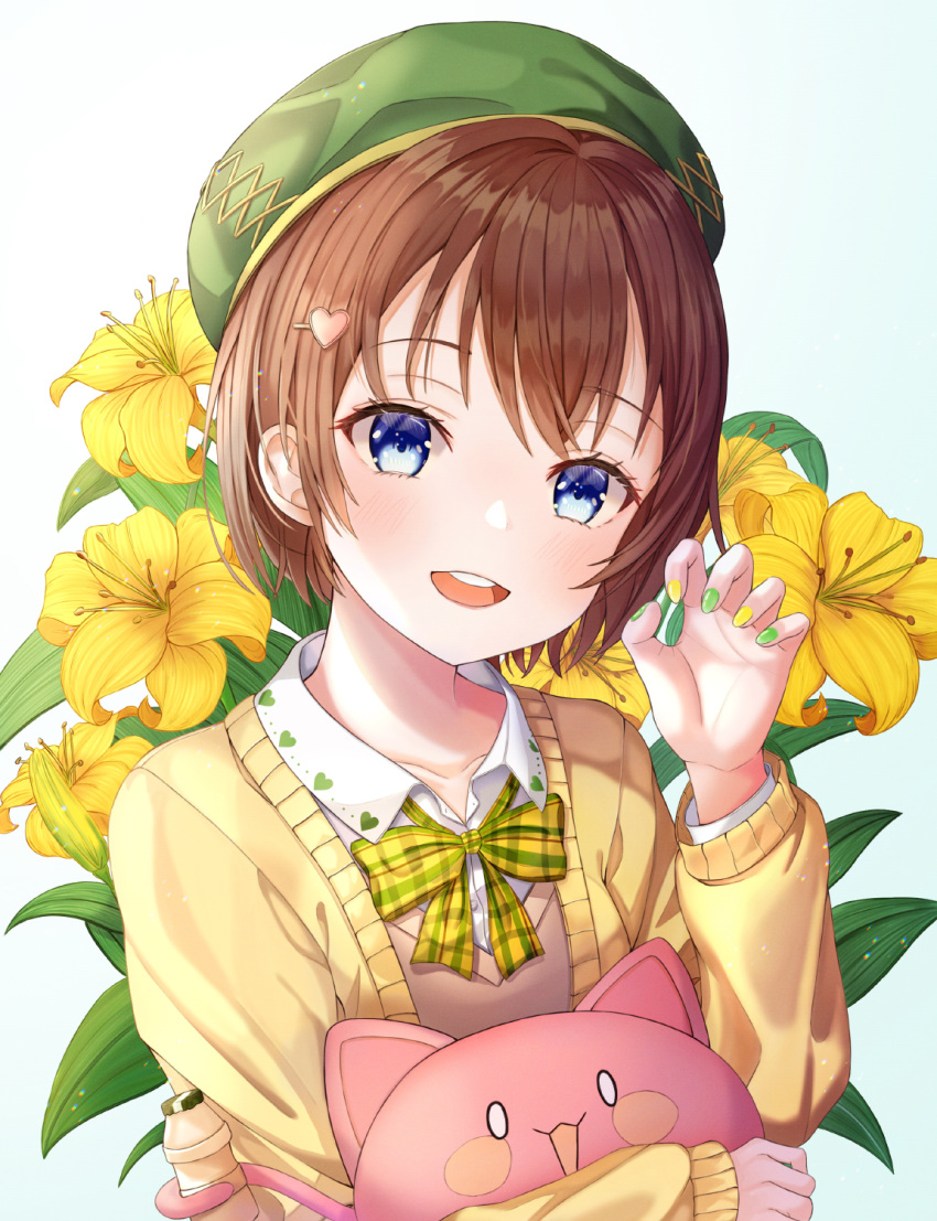 1girl :d bangs beret blue_background blue_eyes blush bow bowtie brown_hair brown_jacket cardigan claw_pose collared_shirt commentary_request eyebrows_visible_through_hair floral_background flower funii gradient gradient_background green_headwear green_nails hair_ornament hairclip hand_up hat heart heart_hair_ornament highres jacket long_sleeves looking_at_viewer multicolored multicolored_nails multicolored_neckwear nail_polish object_hug open_cardigan open_clothes open_jacket open_mouth original plaid plaid_bow plaid_neckwear round_teeth school_uniform shirt short_hair smile solo stuffed_animal stuffed_toy sweater_vest teeth upper_body upper_teeth white_background white_shirt wing_collar yellow_cardigan yellow_flower yellow_nails