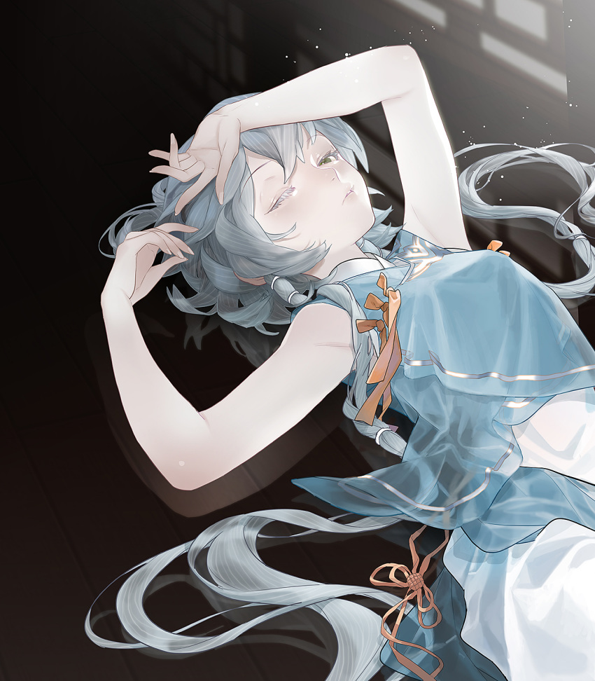 1girl algae_extract arms_up bangs blue_dress bow breasts closed_mouth collar colored_eyelashes commentary dress eyebrows_visible_through_hair from_above grey_eyes grey_hair hair_between_eyes hair_ornament highres lips long_hair looking_at_viewer luo_tianyi lying messy_hair on_back one_eye_closed orange_bow simple_background sleeveless sleeveless_dress solo upper_body very_long_hair vocaloid vsinger