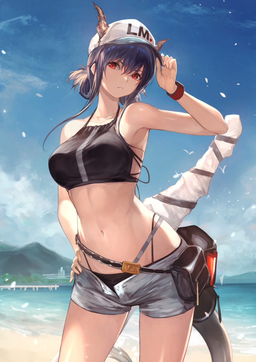1girl :| alternate_costume arknights armpits bare_shoulders beach bird blue_hair blue_sky ch'en_(arknights) closed_mouth clouds crop_top dragon_horns dragon_tail halterneck hand_on_hip hat highres holding holding_hat horns horns_through_headwear long_hair midriff mountainous_horizon navel ocean pier pouch red_eyes shirataki_jiro shore short_shorts shorts sidelocks sky standing stomach sword tail thighs water waves weapon wrapped_up wristband