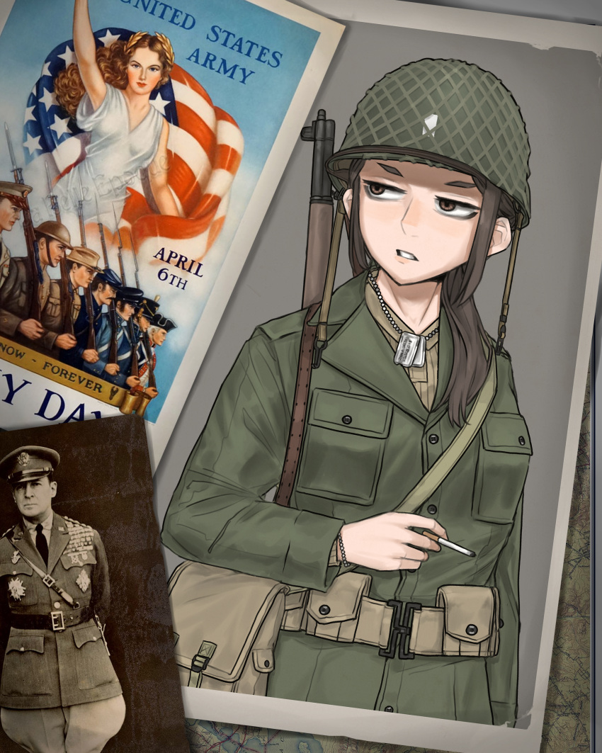 1boy 1girl absurdres bracelet breast_pocket brown_hair cigarette dog_tags gun helmet highres holding holding_cigarette jewelry long_sleeves looking_away looking_to_the_side medium_hair military original parted_lips photo_(object) pocket ponytail pzkpfwi rifle_on_back sidelocks teeth weapon