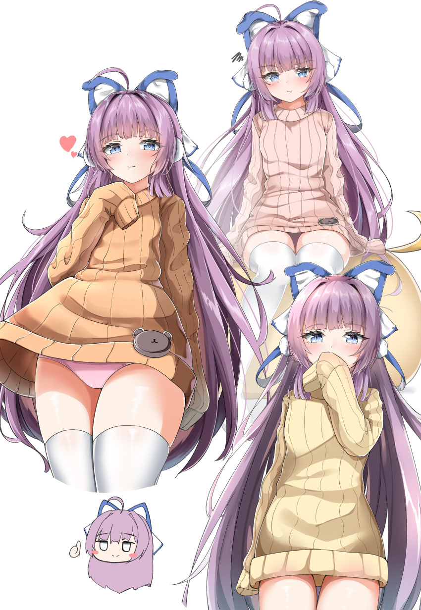 1girl :t absurdres ahoge azur_lane bangs blue_eyes blush blush_stickers brown_sweater chibi closed_mouth commentary_request covered_mouth cropped_legs earmuffs eyebrows_visible_through_hair grey_eyes hair_intakes hand_up heart highres long_hair long_sleeves looking_at_viewer moyoron multiple_views panties pink_panties pout purple_hair ribbed_sweater sleeves_past_fingers sleeves_past_wrists smile squiggle sweater tashkent_(azur_lane) thigh-highs thumbs_up underwear very_long_hair white_background white_legwear