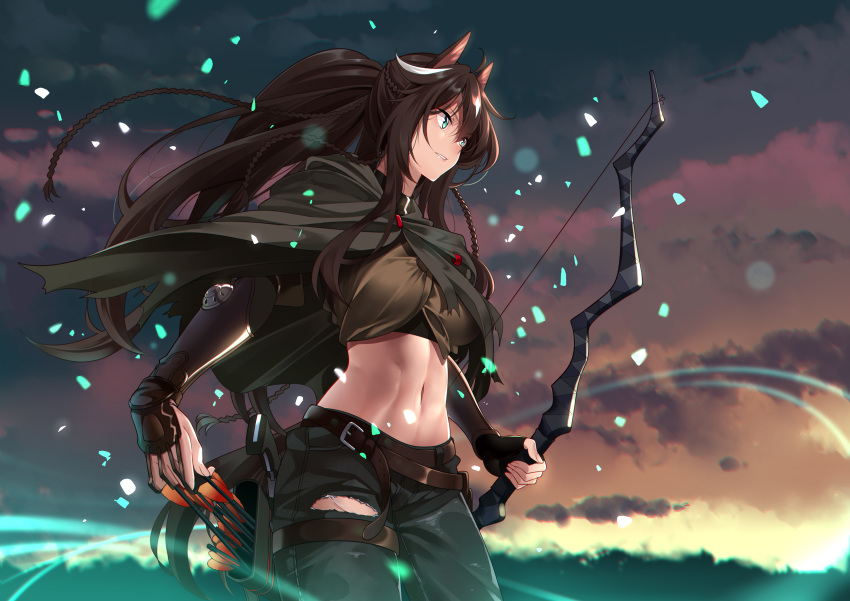 1girl absurdres animal_ears arknights arrow_(projectile) bangs belt black_gloves black_hair black_pants bow_(weapon) brown_belt brown_shirt cape commentary_request cowboy_shot crop_top fingerless_gloves gloves green_eyes grey_cape highres holding holding_bow_(weapon) holding_weapon horse_ears light_particles long_hair long_ponytail meteor_(arknights) midriff navel outdoors pants parted_lips quiver shijie_jianfa shirt solo standing stomach weapon
