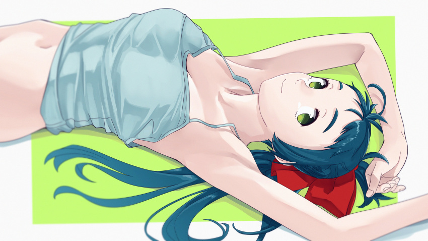 1girl absurdres ahoge armpits bangs bare_arms bare_shoulders blue_hair blush bow breasts camisole collarbone commentary_request green_eyes hair_bow hair_ribbon highres irako_(kantai_collection) kantai_collection large_breasts long_hair looking_at_viewer medium_breasts navel ojipon ponytail ribbon simple_background smile solo upper_body