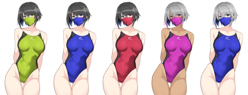 5girls absurdres arms_behind_back artist_name ass_visible_through_thighs bangs black_hair blue_eyes blue_swimsuit breasts collarbone commentary_request competition_school_swimsuit cowboy_shot eyebrows_visible_through_hair green_eyes green_swimsuit grey_eyes grey_hair hair_between_eyes harukon_(halcon) highres large_breasts looking_at_viewer mask mouth_mask multiple_girls one-piece_tan original parted_bangs purple_swimsuit red_eyes red_swimsuit short_hair silver_hair simple_background skin_tight solo swimsuit tan tanline thigh_gap thighs violet_eyes white_background