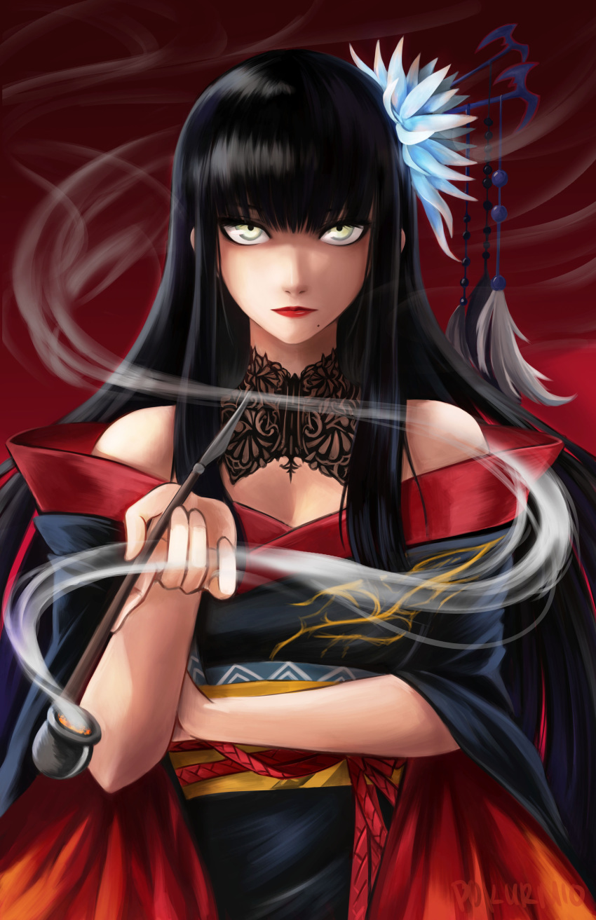 1girl absurdres bangs bare_shoulders black_hair blunt_bangs closed_mouth detached_collar english_commentary final_fantasy final_fantasy_xiv flower green_eyes hair_flower hair_ornament highres holding holding_pipe japanese_clothes kimono lips lipstick long_hair looking_at_viewer makeup mole mole_under_mouth obi pipe pokurimio red_lipstick sash smoke solo spider_lily upper_body yotsuyu_(ff14)