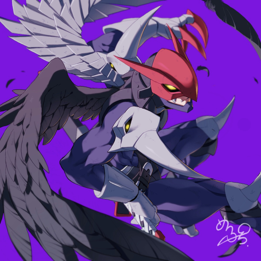 1boy belt black_belt black_wings bodysuit claws closed_mouth cowboy_shot digimon falling_feathers fang fang_out feathered_wings floating gauntlets helmet highres holding holding_sword holding_weapon knee_spikes male_focus maplo mask mismatched_wings purple_background purple_bodysuit ravmon sheath sheathed shoulder_spikes signature simple_background solo spikes sword tabi weapon weapon_on_back wings yellow_eyes