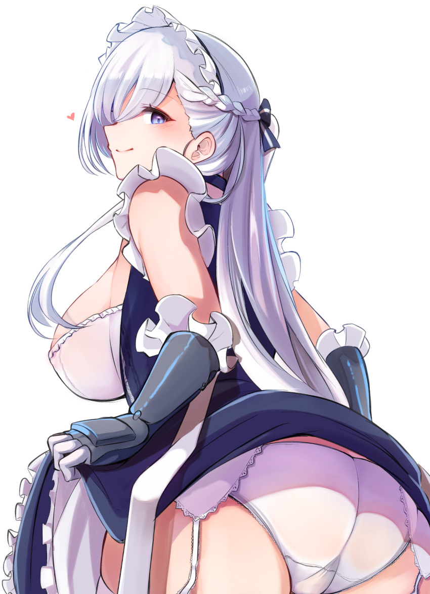 10eki_(tenchou) 1girl absurdres apron ass azur_lane back bangs bare_shoulders belfast_(azur_lane) blue_dress blush braid breasts closed_mouth dress dress_lift french_braid frilled_gloves frills gloves highres large_breasts long_hair looking_at_viewer looking_back maid_headdress silver_hair simple_background smile solo white_apron white_background white_hair