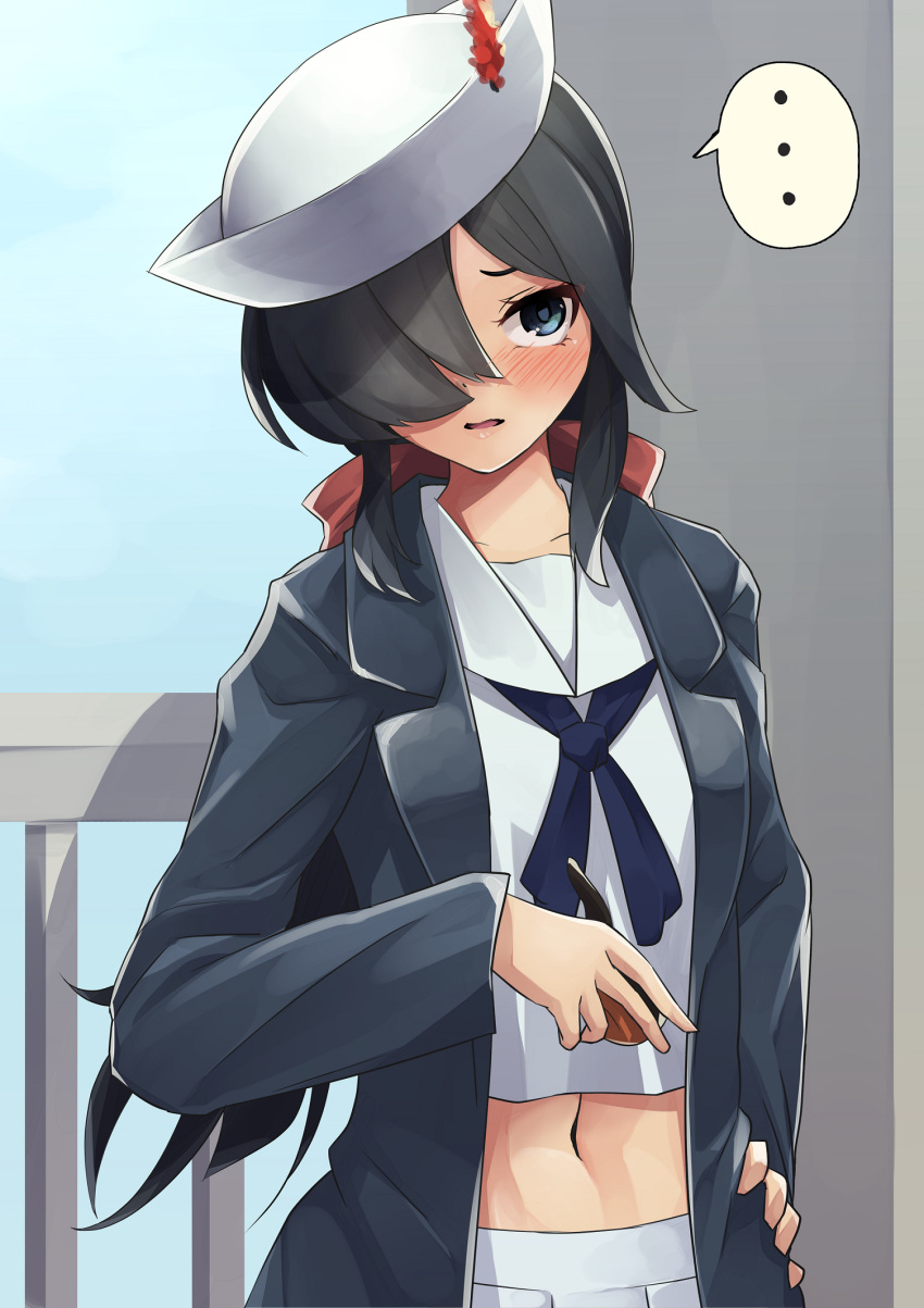 1girl bangs black_coat black_eyes black_hair blouse blue_sky blush bow coat commentary dark_skin day dixie_cup_hat girls_und_panzer hair_bow hair_over_one_eye hand_on_hip hat hat_feather highres holding holding_pipe kakimoto_nao long_hair long_sleeves looking_at_viewer midriff military_hat navel navy_blue_neckwear neckerchief ogin_(girls_und_panzer) ooarai_naval_school_uniform open_clothes open_coat open_mouth outdoors pipe pleated_skirt ponytail red_bow sailor sailor_collar school_uniform skirt sky standing tilted_headwear white_blouse white_headwear white_skirt