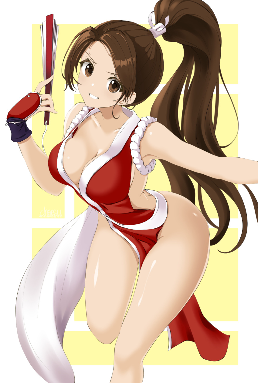 1girl bangs bare_shoulders breasts chaesu closed_fan collarbone commentary fan fatal_fury folding_fan high_ponytail highres holding holding_fan japanese_clothes leg_up long_hair looking_at_viewer medium_breasts ninja parted_bangs parted_lips pelvic_curtain ponytail revealing_clothes rope shiny shiny_hair shiny_skin shiranui_mai simple_background smile snk solo teeth the_king_of_fighters thighs tied_hair