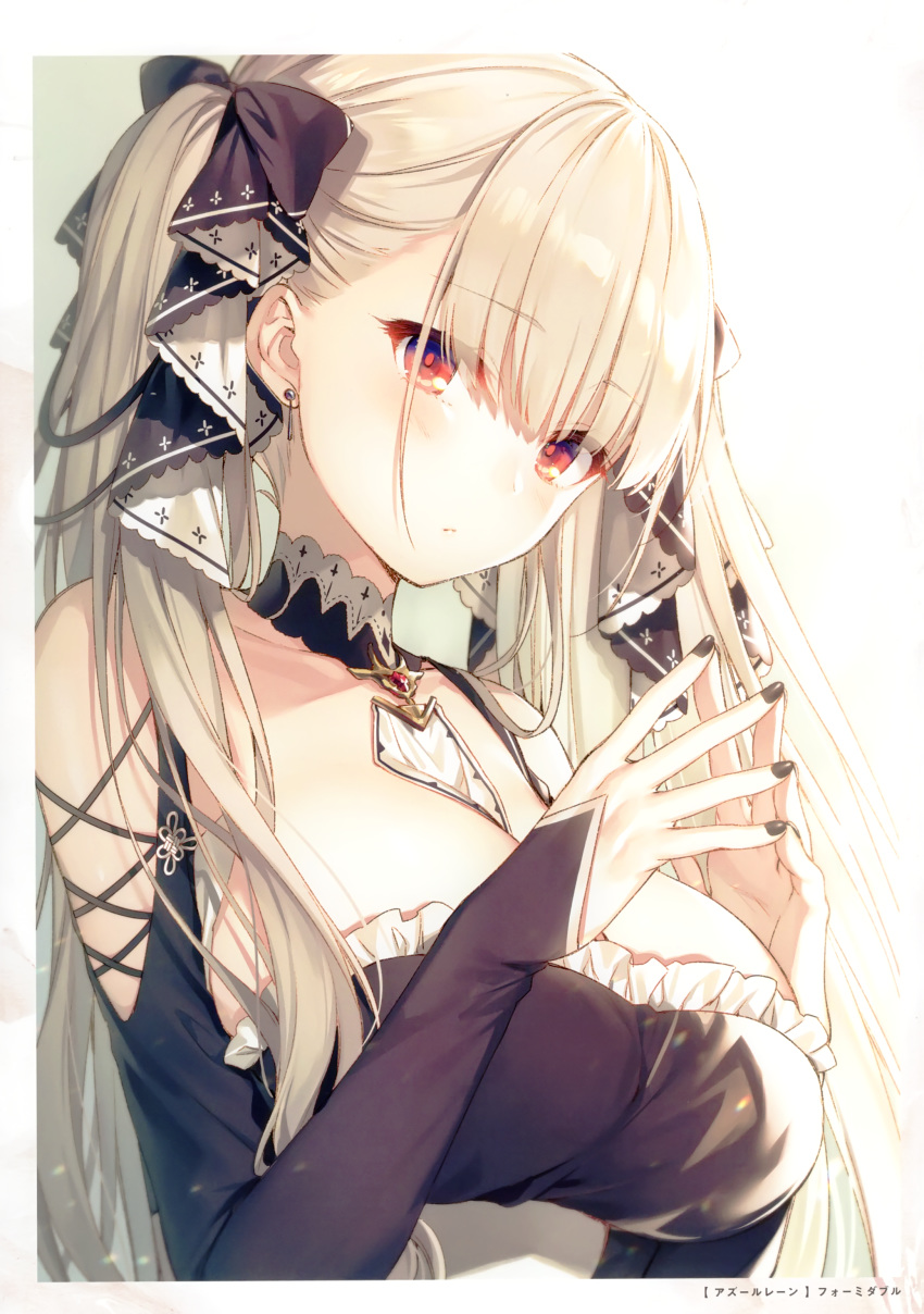 1girl absurdres azur_lane bangs black_bow black_dress black_nails bow breasts closed_mouth collarbone detached_collar dress earrings expressionless formidable_(azur_lane) frilled_dress frills hair_bow hands_up highres jewelry large_breasts long_hair long_sleeves looking_at_viewer nail_polish red_eyes scan shoulder_cutout silver_hair solo steepled_fingers toosaka_asagi twintails upper_body white_background