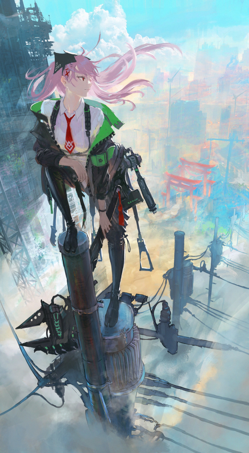 1girl 710_curry above_clouds absurdres arm_on_knee black_jacket black_legwear blue_sky boots building city cityscape clouds cloudy_sky collared_shirt crane_(machine) day fog full_body hair_ornament highres holding jacket jika-tabi long_hair looking_to_the_side necktie open_clothes open_jacket original outdoors pink_hair power_lines red_eyes red_neckwear scenery shirt sky skyscraper solo structure tabi tabi_boots telephone_pole torii transformer utility_pole wind wrench x_hair_ornament