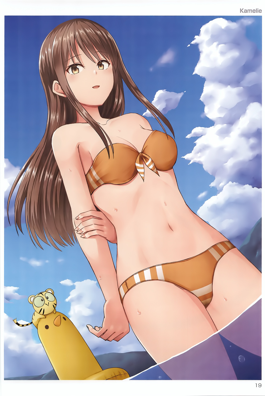 1girl absurdres artist_name bare_shoulders bikini blue_sky brown_eyes brown_hair clouds cloudy_sky collarbone day fingernails highres kamelie looking_at_viewer navel open_mouth outdoors partially_submerged scan sky smile stomach swimsuit toranoana wading yellow_bikini