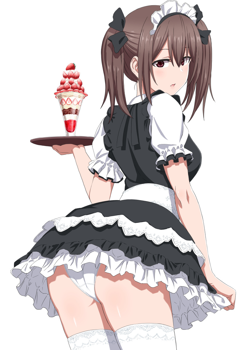 1girl absurdres ass brown_eyes brown_hair commentary dress english_commentary frilled_dress frills highres looking_back maid maid_headdress original panties parfait solo thigh-highs tray tuskryo twintails underwear white_background white_legwear white_panties