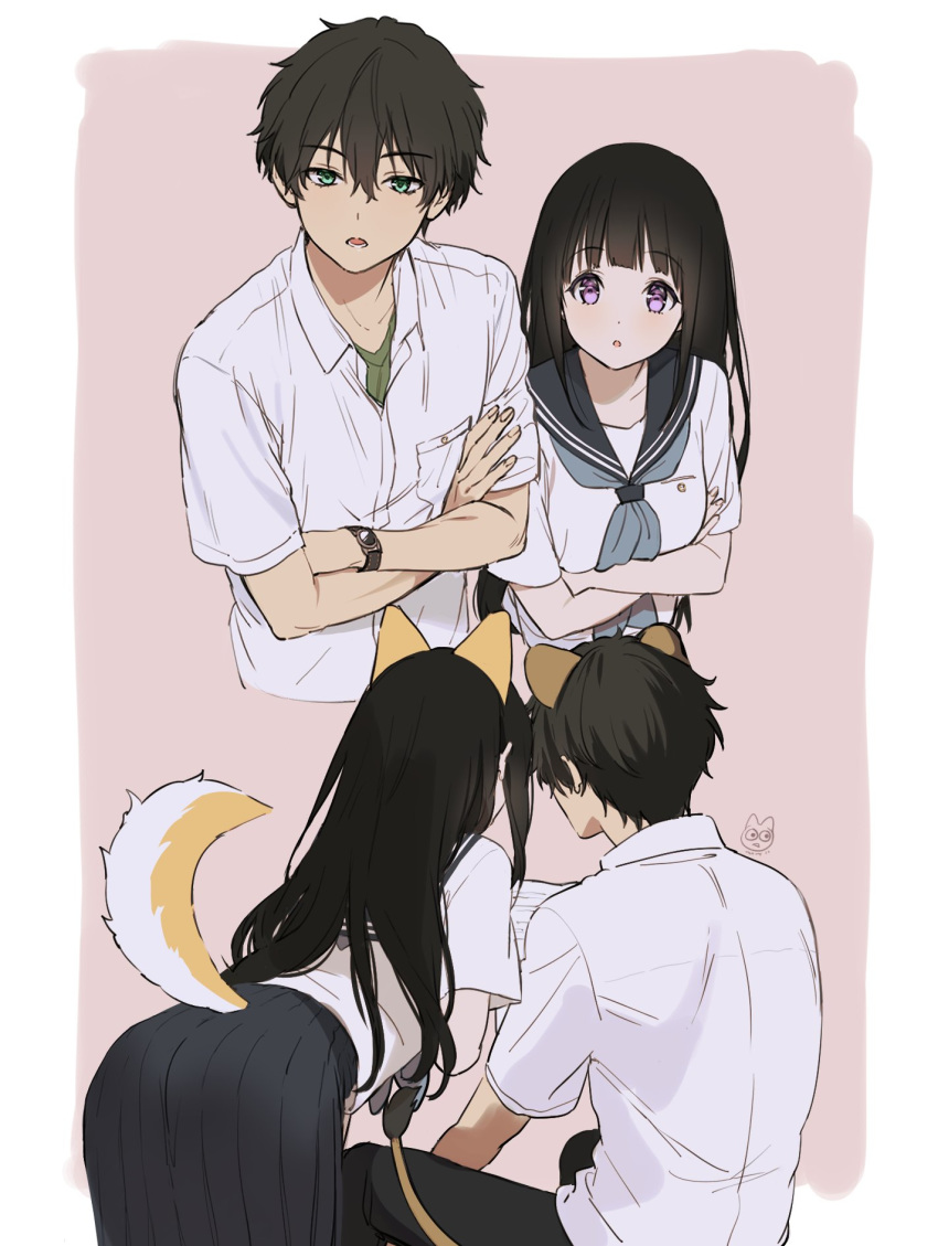 1boy 1girl :o animal_ears bangs black_hair black_pants black_skirt blush breasts chitanda_eru collarbone collared_shirt couple crossed_arms dog_ears dog_tail ears eyebrows_visible_through_hair facing_viewer from_behind green_eyes green_shirt hair_between_eyes highres hyouka long_hair looking_at_viewer mery_(apfl0515) multiple_views open_mouth oreki_houtarou pants parted_lips pink_background pocket school_uniform serafuku shirt short_sleeves signature simple_background skirt tail two-tone_background uniform upper_body violet_eyes watch watch white_background white_shirt