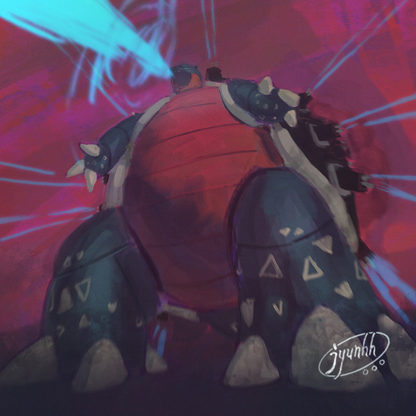 blastoise claws commentary_request creature dark fangs full_body gen_1_pokemon gigantamax gigantamax_blastoise highres jyunhh no_humans pokemon pokemon_(creature) purple_background signature simple_background solo standing water