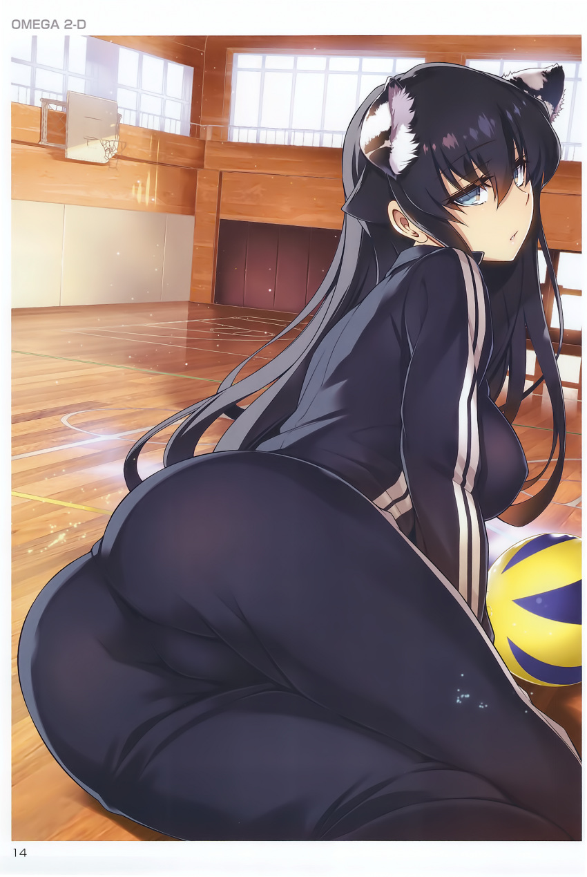 1girl absurdres animal_ears artist_name ass bangs black_hair blue_eyes breasts eyebrows_visible_through_hair highres indoors light_particles lips long_hair long_sleeves looking_at_viewer medium_breasts omega_2-d page_number pants parted_lips scan shiny shiny_hair sitting solo toranoana