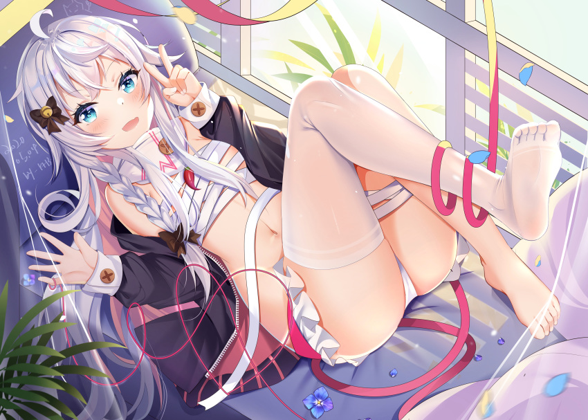 1girl absurdres blue_eyes commentary_request couch full_body highres jacket kagura_nana long_hair looking_at_viewer lying miaoguujuun_qvq nanakagu_karatou_ch navel open_mouth ribbon sarashi silver_hair single_thighhigh soles solo thigh-highs virtual_youtuber window