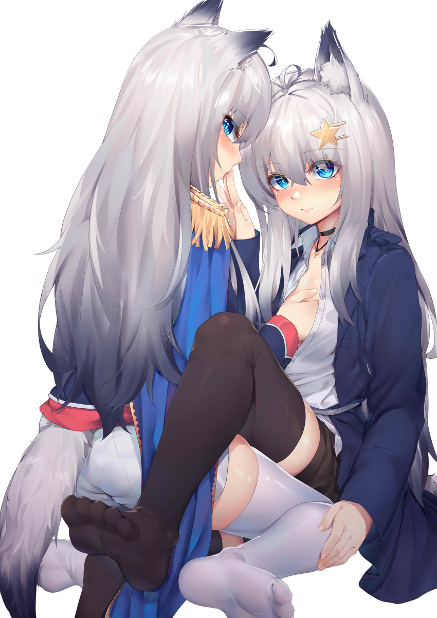 2girls absurdres animal_ear_fluff animal_ears bangs black_choker black_hair black_legwear blue_eyes blue_jacket blush choker collarbone copyright_request eyebrows_visible_through_hair grey_hair highres jacket jewelry long_sleeves looking_at_viewer multiple_girls necklace no_shoes ray_(pixiv9514208) shorts simple_background tail thigh-highs white_background white_legwear white_shorts wolf_ears wolf_tail yuri