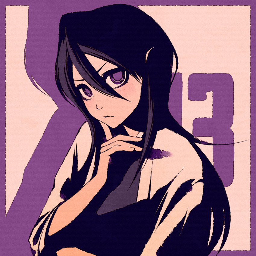 1girl black_hair bleach blush border english_commentary eyelashes finger_to_cheek hair_between_eyes hand_up head_tilt kuchiki_rukia long_sleeves looking_at_viewer moshimoshibe purple_border shadow solo upper_body violet_eyes