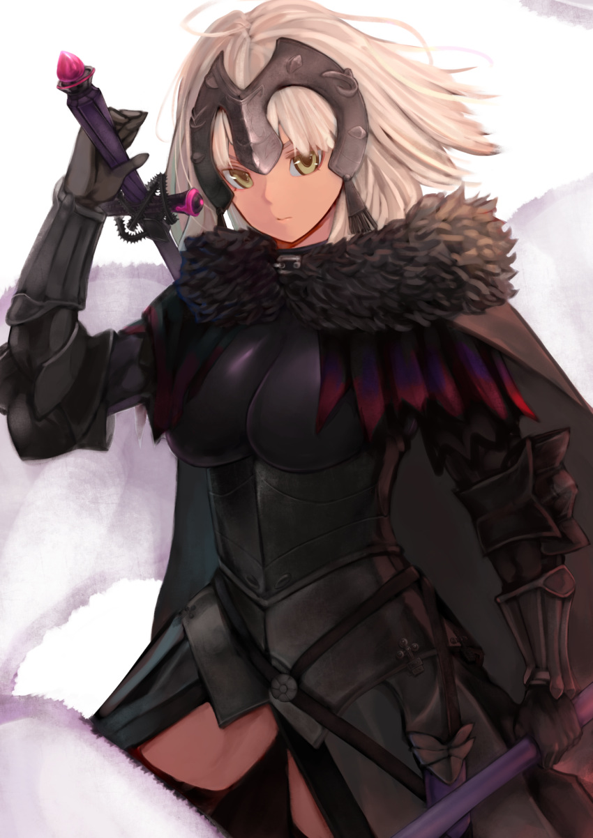 1girl armor black_armor black_cape black_gloves black_legwear blonde_hair breasts cape chain chienon fate/grand_order fate_(series) gloves headpiece highres holding holding_sword holding_weapon jeanne_d'arc_(alter)_(fate) jeanne_d'arc_(fate)_(all) looking_at_viewer medium_breasts over_shoulder plackart short_hair solo sword sword_over_shoulder thigh-highs vambraces weapon weapon_over_shoulder yellow_eyes