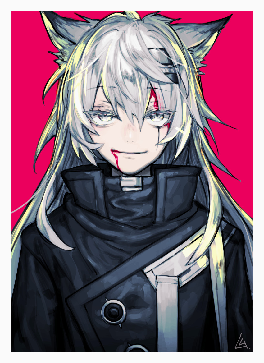 1girl absurdres animal_ear_fluff animal_ears arknights bangs blood blood_from_mouth blood_on_face border closed_mouth eyebrows_visible_through_hair grey_eyes hair_between_eyes hair_ornament hairclip highres huge_filesize lappland_(arknights) long_hair looking_at_viewer red_background sanpaku scar scar_across_eye silver_hair simple_background smile solo upper_body white_border wolf_ears