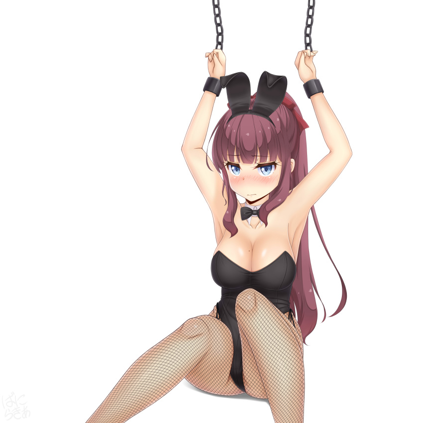 1girl absurdres animal_ears arms_up bangs black_leotard black_neckwear blue_eyes blunt_bangs bow bowtie breasts brown_hair bunny_girl bunnysuit chain cowboy_shot cuffs detached_collar fishnet_legwear fishnets highres large_breasts leotard long_hair looking_at_viewer new_game! pantyhose ponytail rabbit_ears restrained sainohikari shackles sidelocks simple_background sitting solo strapless strapless_leotard takimoto_hifumi white_background