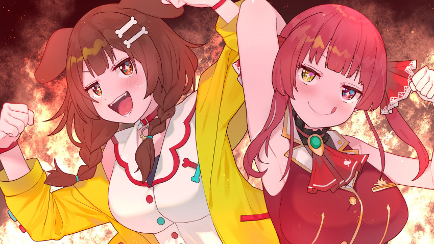 2girls :p absurdres animal_ears armpits arms_up bangs bare_shoulders blunt_bangs blush bone_hair_ornament braid breasts brown_eyes brown_hair collar commentary_request dog_ears dog_girl dress eyebrows_visible_through_hair hair_ornament hair_ribbon heterochromia highres hololive houshou_marine inugami_korone jacket jewelry large_breasts long_hair long_sleeves looking_at_viewer low_twin_braids multiple_girls open_clothes open_jacket open_mouth red_collar red_eyes red_ribbon red_vest redhead ribbon sleeveless sleeveless_dress smile sparkling_eyes symbol-shaped_pupils teeth tonari_no_kai_keruberosu tongue tongue_out twin_braids twintails vest virtual_youtuber white_dress yellow_eyes yellow_jacket