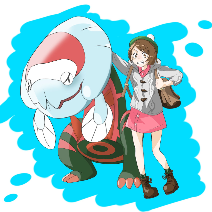 backpack bag blue_background brown_eyes brown_footwear brown_hair can_(pixiv33249519) claws commentary_request creature dracovish flat_chest full_body gen_8_pokemon grin highres looking_at_viewer pokemon pokemon_(creature) pokemon_(game) pokemon_swsh shoelaces short_hair smile standing thumbs_up yuuri_(pokemon)