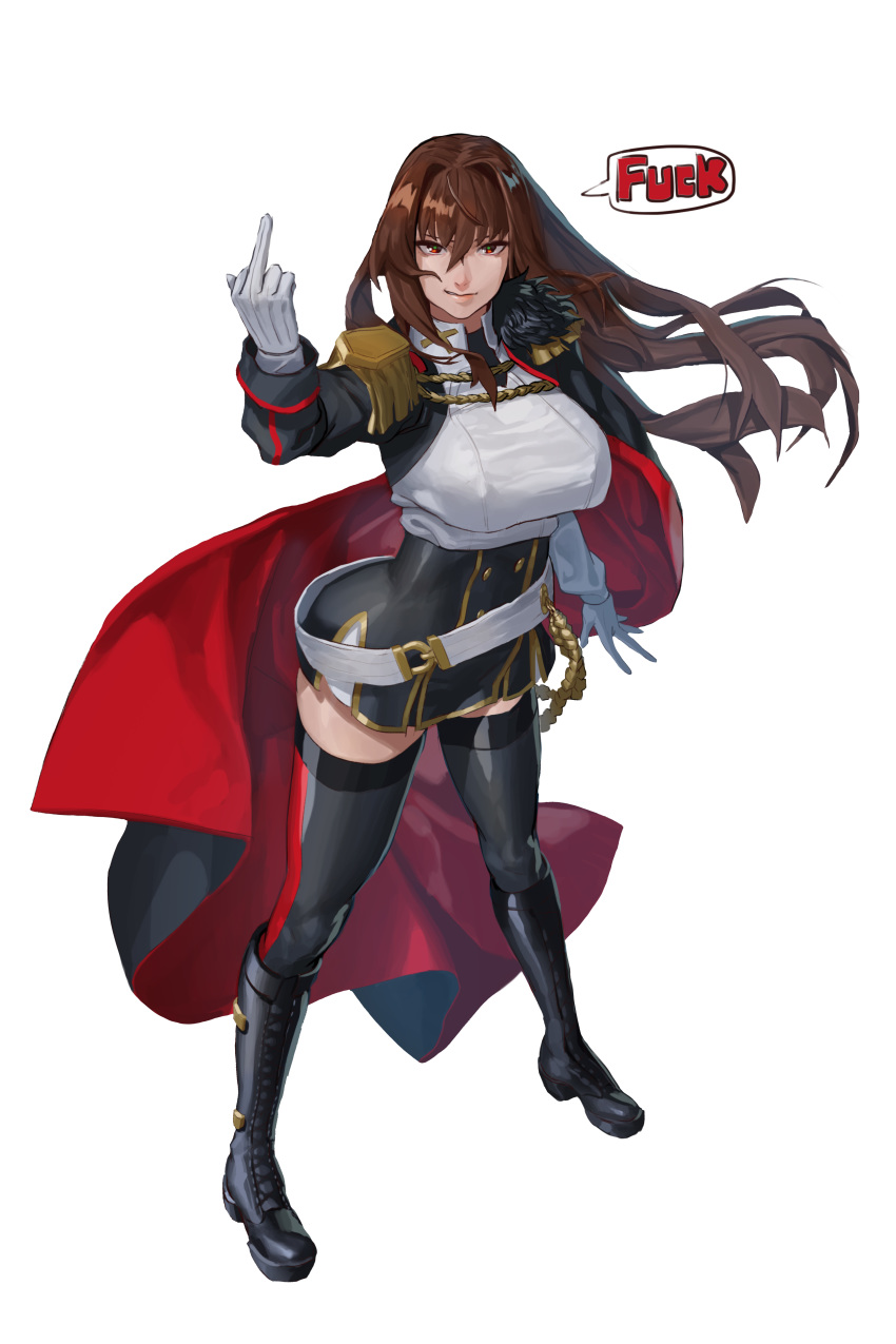 1girl absurdres aiguillette bangs black_cape black_legwear boots breasts cape dress english_text epaulettes full_body gloves hair_between_eyes highres large_breasts last_origin long_hair middle_finger military military_uniform profanity red_cape redhead royal_arsenal short_dress simple_background smile thigh-highs two-tone_cape uniform uronte white_background white_gloves