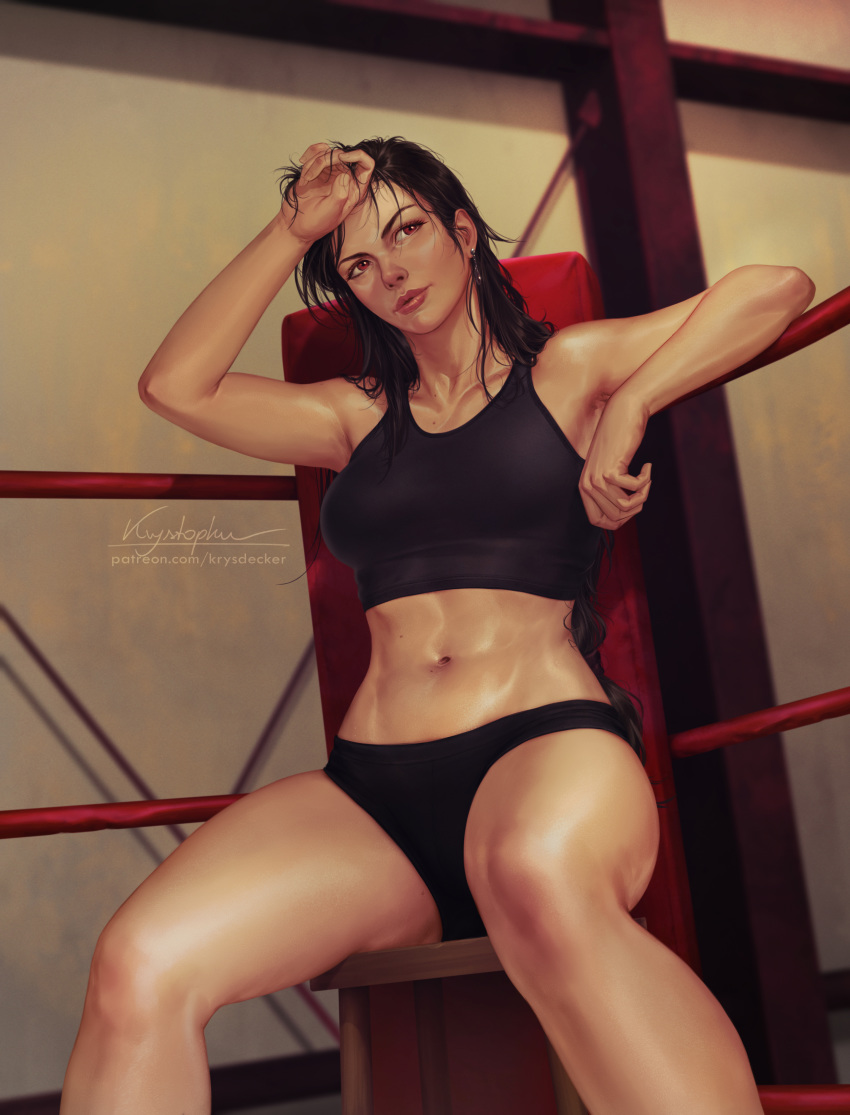 1girl abs absurdres black_hair black_panties brown_eyes final_fantasy final_fantasy_vii final_fantasy_vii_remake highres krystopher_decker long_hair low-tied_long_hair midriff paid_reward panties patreon_reward realistic sitting sleeveless solo sports_bra sweat tifa_lockhart toned underwear wet wet_hair wiping_forehead