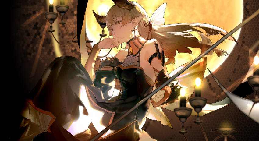 1girl arcaea black_dress black_sleeves blonde_hair candle closed_mouth commentary cross cross_earrings detached_sleeves dress earrings highres horns jewelry lethe_(arcaea) lobelia_(saclia) long_hair looking_at_viewer pointy_ears sleeveless sleeveless_dress slit_pupils solo yellow_eyes