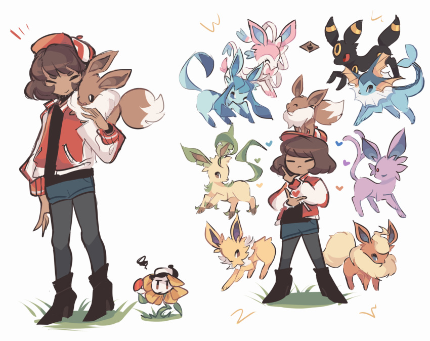 1non-binary baseball_cap boots charamells closed_eyes commentary creature crossover dark_skin eevee english_commentary espeon flareon flowey_(undertale) frisk_(undertale) gen_1_pokemon gen_2_pokemon gen_4_pokemon gen_6_pokemon glaceon grass hat heart jolteon leafeon looking_at_viewer on_head pants pokemon pokemon_(creature) pokemon_on_head pose queer simple_background standing sylveon trans umbreon vaporeon white_background