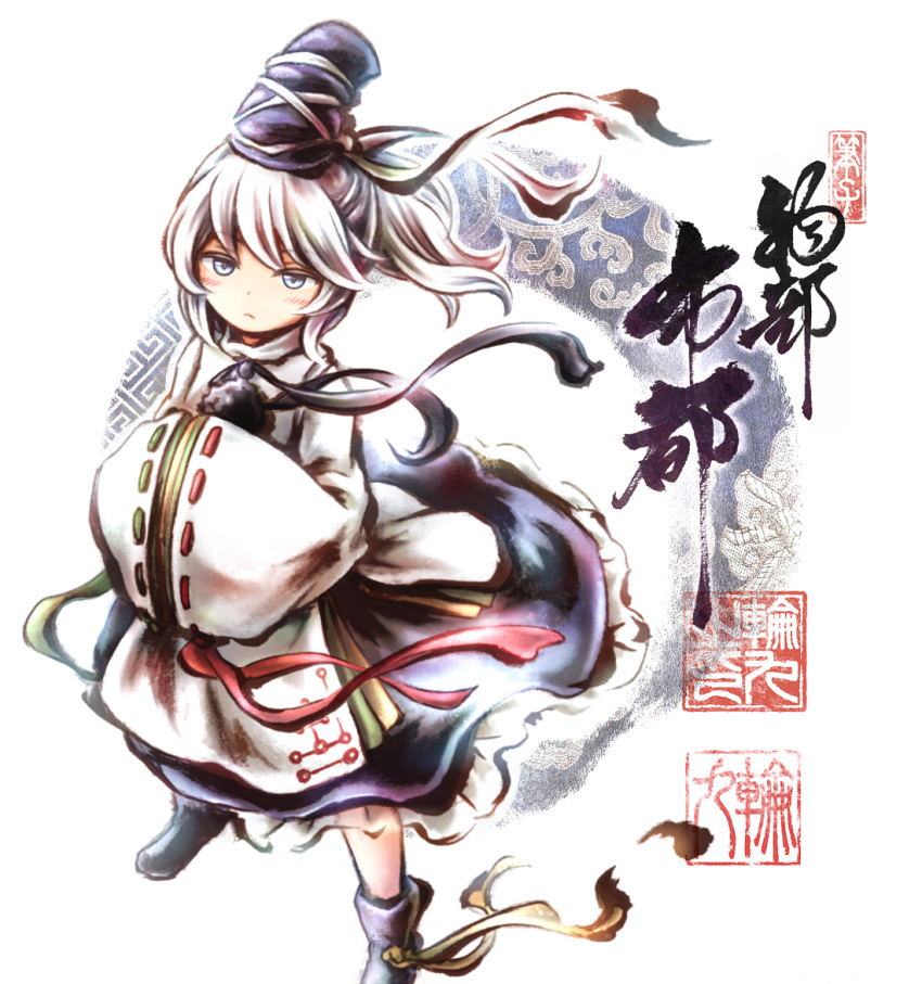 1girl artist_logo black_footwear black_headwear black_skirt blue_eyes blush boots character_name commentary_request full_body grey_hair hands_in_opposite_sleeves hat japanese_clothes kariginu link163353 long_hair long_sleeves looking_at_viewer mononobe_no_futo pom_pom_(clothes) ponytail ribbon-trimmed_sleeves ribbon_trim skirt solo standing tate_eboshi touhou traditional_media wide_sleeves window