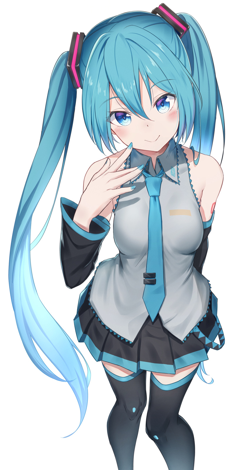 1girl absurdres aqua_neckwear arm_behind_back bare_shoulders bibboss39 black_legwear black_skirt black_sleeves blue_eyes blue_hair commentary detached_sleeves feet_out_of_frame from_above grey_shirt hair_ornament hand_on_own_cheek hand_up hatsune_miku highres light_blush long_hair looking_at_viewer necktie shirt shoulder_tattoo skirt sleeveless sleeveless_shirt smile solo tattoo thigh-highs twintails very_long_hair vocaloid white_background zettai_ryouiki
