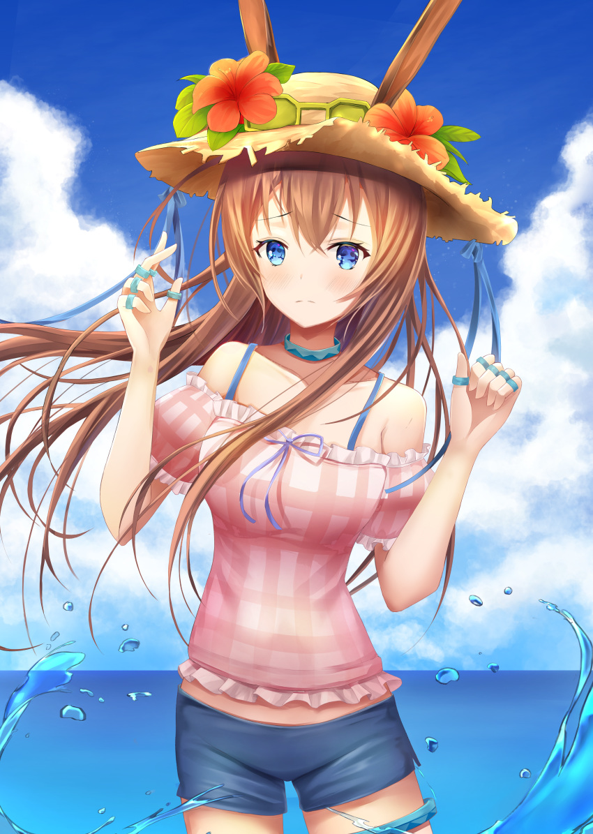 1girl absurdres amiya_(arknights) animal_ears arknights bangs bare_shoulders blue_eyes blue_shorts blue_sky blush bra_strap brown_hair clouds collarbone commentary_request cowboy_shot day ears_through_headwear flower hair_between_eyes hands_up hat hat_flower hibiscus highres huge_filesize jewelry leaf leepy long_hair looking_at_viewer midriff_peek neck_ring off-shoulder_shirt off_shoulder outdoors pink_shirt puffy_short_sleeves puffy_sleeves rabbit_ears red_flower ring shirt short_shorts short_sleeves shorts sky solo standing thighlet