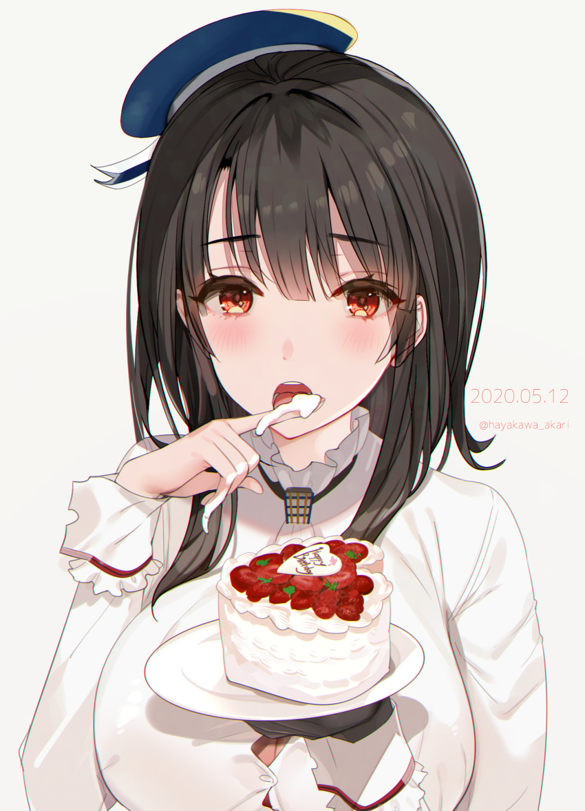 1girl beret black_gloves black_hair blue_headwear blush breasts buttons cake dated eating eyebrows_visible_through_hair food fruit gloves grey_background hat hayakawa_akari highres holding holding_plate kantai_collection large_breasts long_sleeves looking_at_viewer open_mouth plate red_eyes shirt short_hair simple_background single_glove solo strawberry takao_(kantai_collection) twitter_username white_shirt