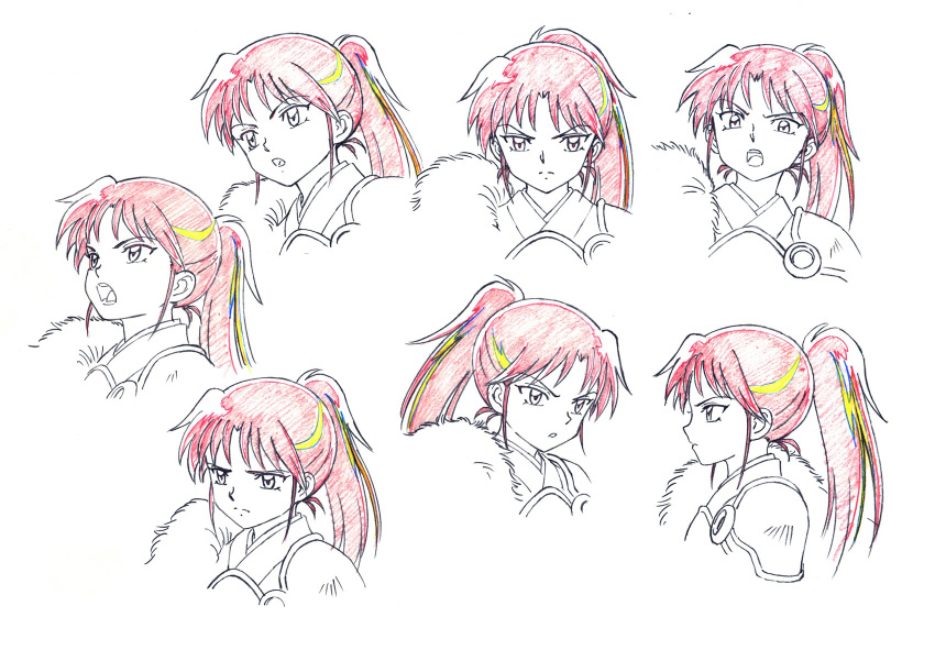 1girl :o bangs blonde_hair character_sheet closed_mouth frown fur han'you_no_inuyasha highlights highres inuyasha japanese_clothes long_hair looking_at_viewer looking_away multicolored_hair multiple_views o-ring official_art open_mouth partially_colored ponytail profile redhead sad serious setsuna_(inuyasha) sidelocks simple_background streaked_hair white_background