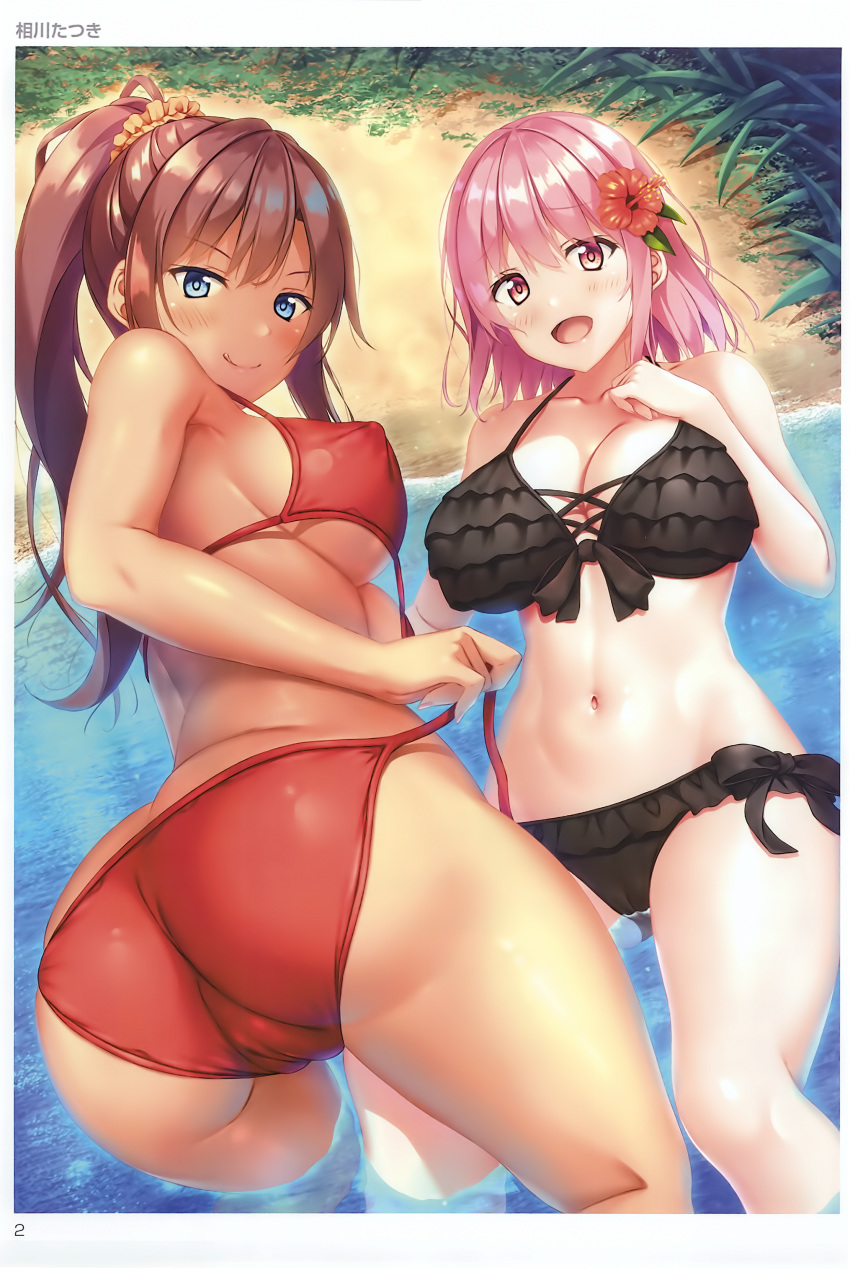 2girls absurdres aikawa_tatsuki artist_name ass bangs bare_shoulders bikini black_bikini brown_hair highres long_hair looking_at_viewer multiple_girls navel open_mouth page_number pink_hair ponytail red_bikini scan shiny shiny_hair smile stomach swimsuit thighs tied_hair toranoana