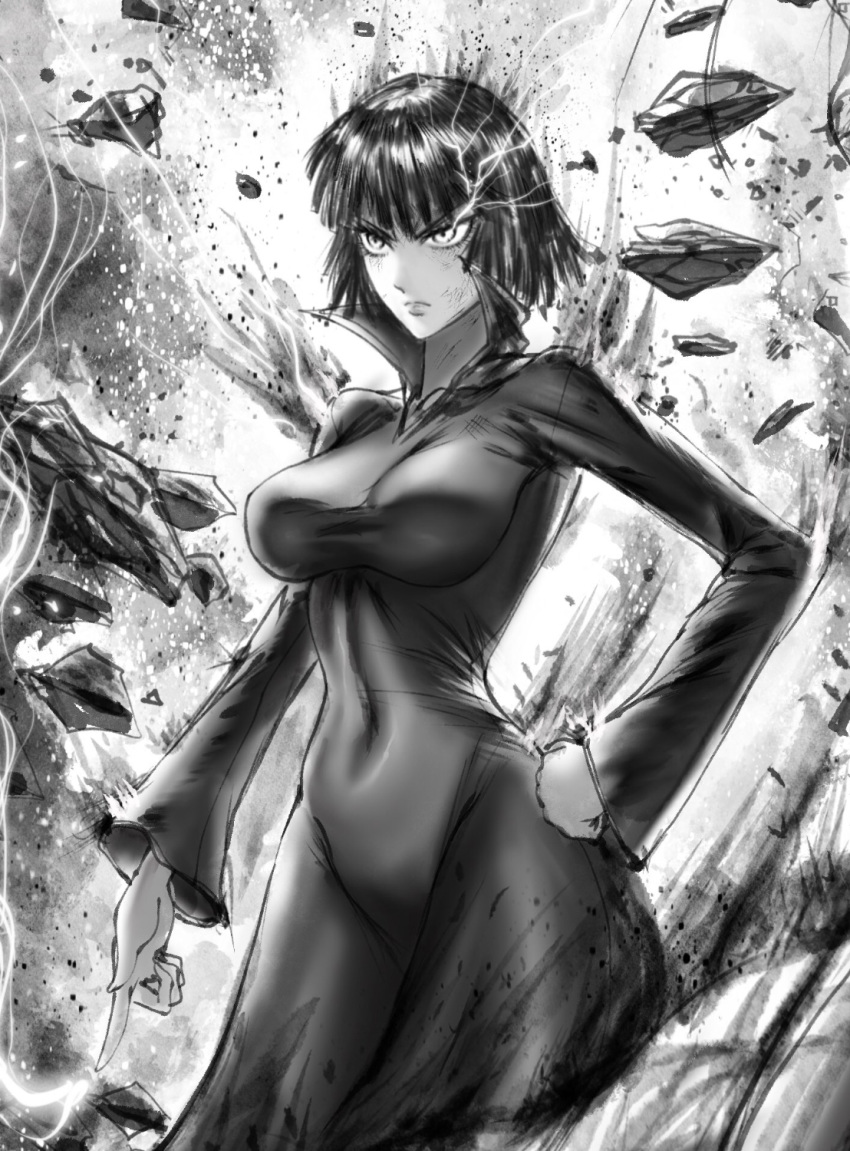 1girl bob_cut breasts closed_mouth covered_navel debris dress electricity fubuki_(one-punch_man) greyscale hand_on_hip highres impossible_clothes impossible_dress large_breasts long_sleeves looking_at_viewer monochrome one-punch_man short_hair simple_background skin_tight solo sparks standing the_golden_smurf