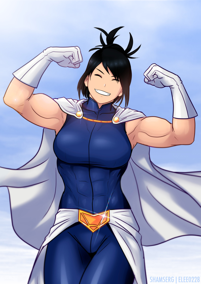 1girl abs biceps black_hair bodysuit boku_no_hero_academia cape closed_eyes clouds commission elee0228 flexing gloves highres muscle muscular_female pose shamserg shimura_nana short_hair sky smile solo teeth tight watermark white_cape white_gloves