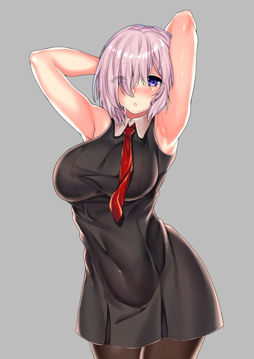 1girl absurdres armpits arms_behind_head arms_up bare_shoulders black_dress black_legwear blush breasts covered_navel dress fate/grand_order fate_(series) grey_background hair_over_one_eye highres large_breasts lavender_hair looking_at_viewer lumu_yuanxiang mash_kyrielight necktie pantyhose parted_lips red_neckwear short_hair simple_background solo thighs violet_eyes