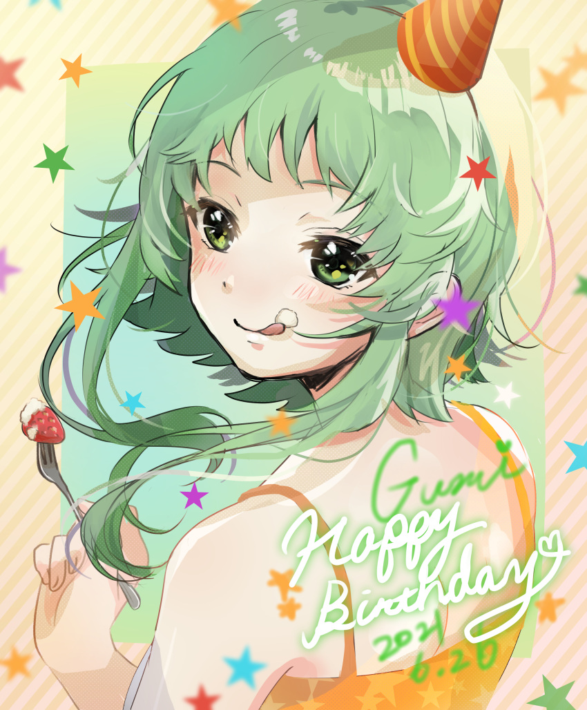 1girl :p absurdres character_name commentary cream cream_on_face dated food food_on_face fork from_behind fruit green_eyes green_hair gumi happy_birthday hat highres holding holding_fork licking light_blush looking_at_viewer looking_back orange_shirt pafufu party_hat shirt short_hair_with_long_locks sidelocks solo spaghetti_strap star_(symbol) star_print strawberry striped striped_background tongue tongue_out vocaloid