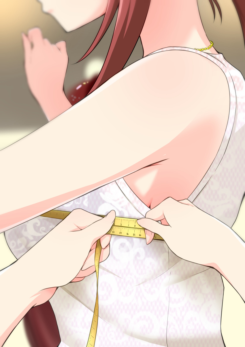 2girls absurdres bra bra_visible_through_clothes breast_focus breasts bust_measuring close-up gajirabute head_out_of_frame highres idolmaster idolmaster_cinderella_girls lace-trimmed_bra lace_trim large_breasts measuring mifune_miyu multiple_girls pov pov_hands redhead shirt sleeveless sleeveless_shirt tape_measure trainer_(idolmaster) underwear upper_body