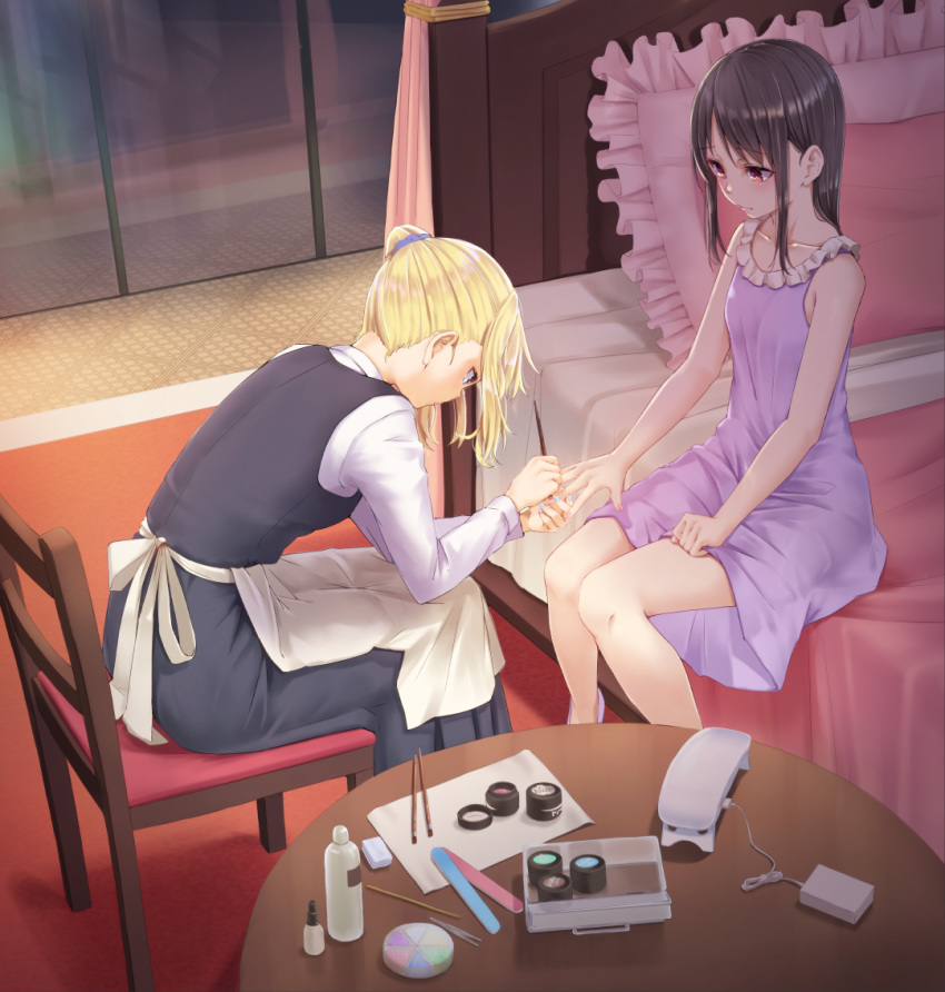 2girls apron bangs bare_arms bare_shoulders bed black_dress black_hair blonde_hair blue_eyes blue_nails blue_scrunchie chair closed_mouth collarbone commentary_request dress eyebrows_visible_through_hair frilled_dress frilled_pillow frills funyariko hair_down hair_ornament hair_scrunchie hayasaka_ai holding_hand indoors kaguya-sama_wa_kokurasetai_~tensai-tachi_no_renai_zunousen~ leaning_forward long_hair long_sleeves looking_at_another multiple_girls nail_polish on_bed painting_nails pillow profile purple_dress purple_footwear red_eyes scrunchie shinomiya_kaguya shirt side_ponytail sidelocks sitting sitting_on_bed sleeveless sleeveless_dress table waist_apron white_apron white_shirt window