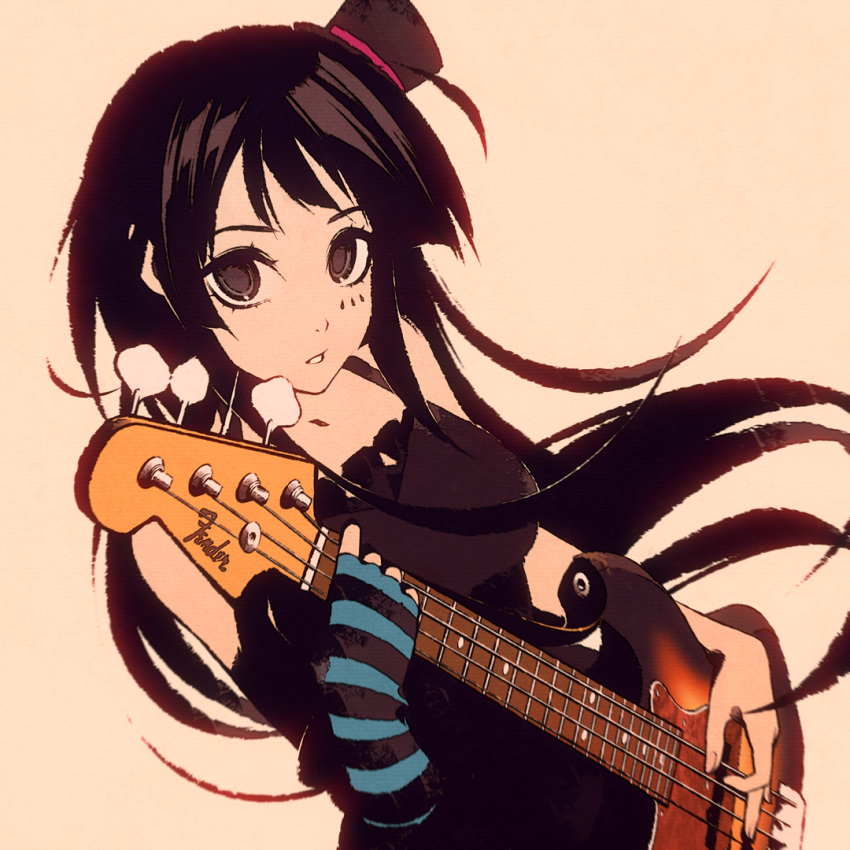 1girl akiyama_mio bangs bass_guitar black_eyes black_hair breasts elbow_gloves english_commentary eyelashes fender fingerless_gloves gloves hat holding holding_instrument instrument k-on! long_hair looking_at_viewer medium_breasts moshimoshibe parted_lips sidelocks simple_background sleeveless solo tan_background upper_body