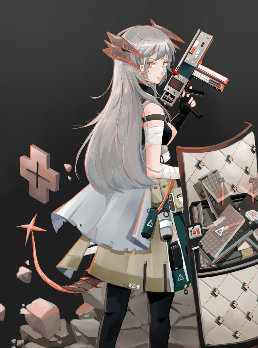 1girl absurdres arknights bandaged_arm bandages bangs bare_shoulders black_background black_gloves black_legwear commentary_request feet_out_of_frame fingerless_gloves gloves grey_skirt gun hand_up highres holding holding_gun holding_weapon horns hua_(ixi55663737) long_hair looking_at_viewer pantyhose saria_(arknights) shield silver_hair simple_background skirt sleeveless solo standing tail weapon yellow_eyes
