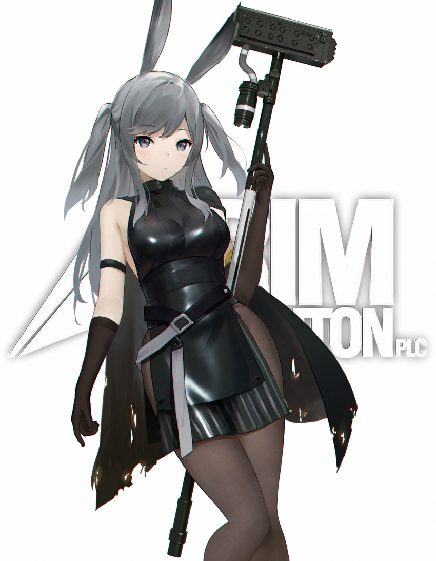1girl animal_ears arknights arm_strap bangs banxuan_c2ka bare_shoulders belt black_cape black_dress black_gloves blush breasts brown_legwear cape chromatic_aberration dress eyebrows_visible_through_hair feet_out_of_frame gloves grey_eyes hammer hand_up highres holding holding_hammer holding_weapon long_hair looking_at_viewer medium_breasts pantyhose rabbit_ears savage_(arknights) short_dress silver_hair simple_background sleeveless sleeveless_dress solo standing thighs two_side_up weapon white_background