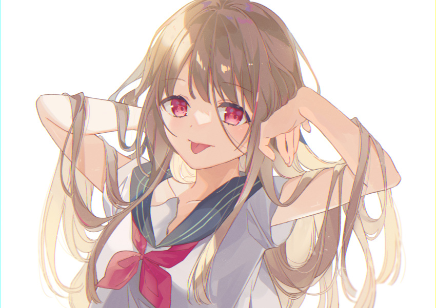 1girl bangs black_sailor_collar blush brown_hair closed_mouth commentary_request eyebrows_visible_through_hair hands_in_hair hands_up highres long_hair looking_at_viewer multicolored_hair neckerchief omutatsu original red_eyes red_neckwear redhead sailor_collar school_uniform serafuku shirt short_sleeves simple_background solo streaked_hair tongue tongue_out upper_body very_long_hair white_background white_shirt