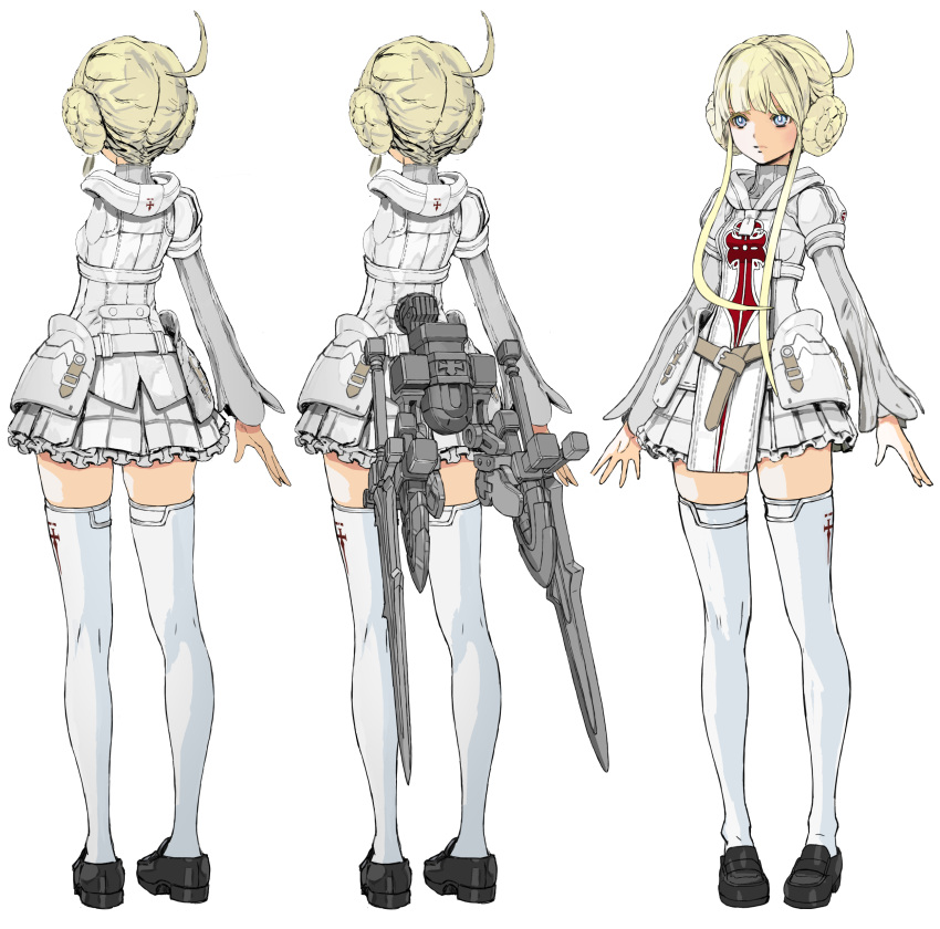 1girl absurdres ahoge belt black_footwear blonde_hair character_sheet highres hip_armor hood hood_down hoodie loafers long_hair long_sleeves miniskirt original pleated_skirt rigging shoes skirt standing tabard thigh-highs white_legwear white_skirt yasuda_akira zettai_ryouiki